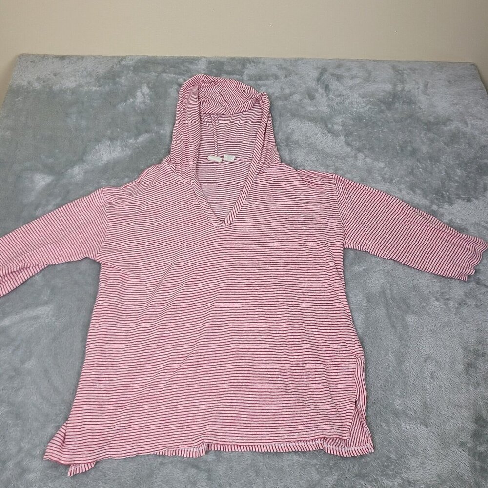 C&C California 100% Linen Red White Stripe Hooded High Low Hem Tunic Shirt Sz 1X
